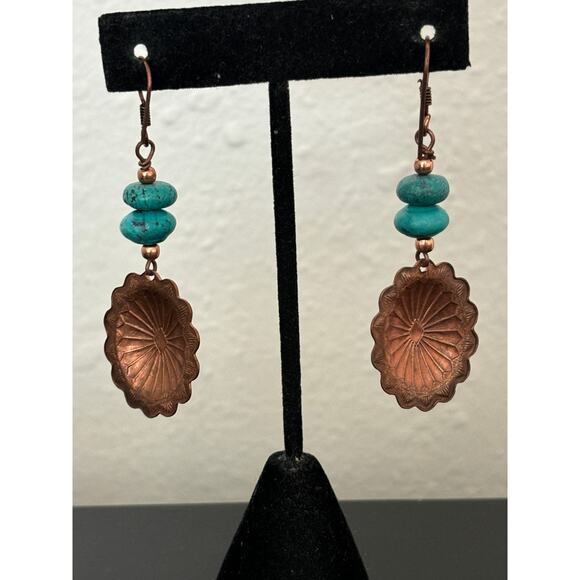 Etched Copper & Turquoise Dangle Earrings - Picture 2 of 2